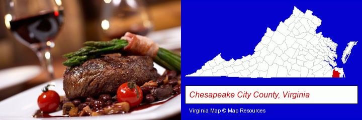 a steak dinner; Chesapeake City County, Virginia highlighted in red on a map