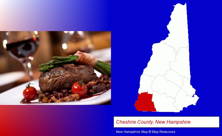 a steak dinner; Cheshire County, New Hampshire highlighted in red on a map