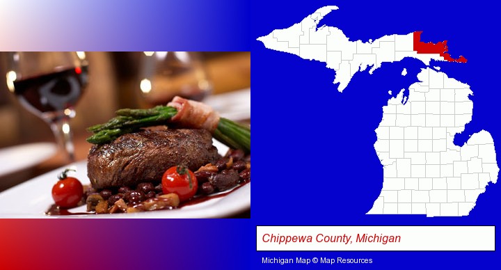 a steak dinner; Chippewa County, Michigan highlighted in red on a map