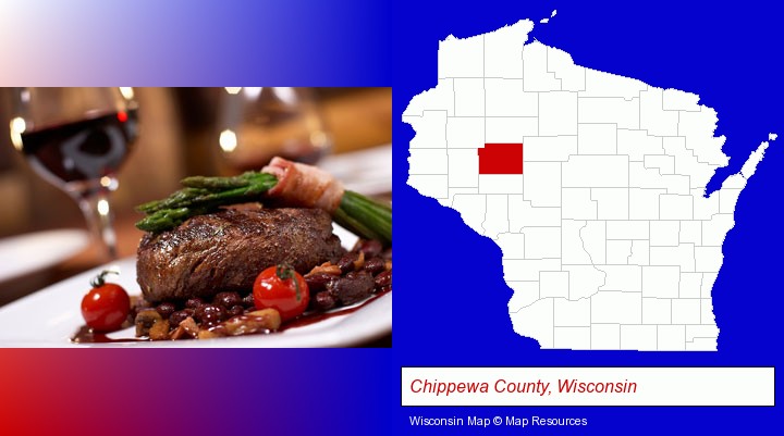 a steak dinner; Chippewa County, Wisconsin highlighted in red on a map