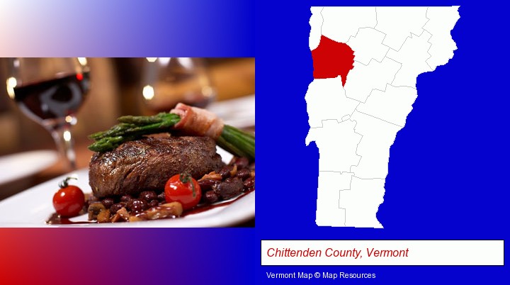 a steak dinner; Chittenden County, Vermont highlighted in red on a map