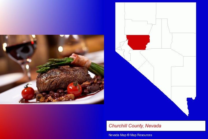 a steak dinner; Churchill County, Nevada highlighted in red on a map