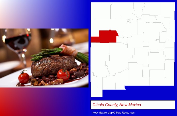 a steak dinner; Cibola County, New Mexico highlighted in red on a map