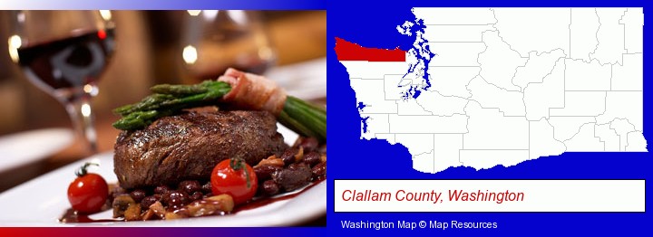 a steak dinner; Clallam County, Washington highlighted in red on a map