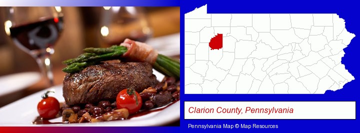 a steak dinner; Clarion County, Pennsylvania highlighted in red on a map