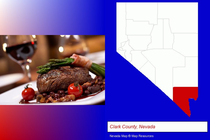 a steak dinner; Clark County, Nevada highlighted in red on a map