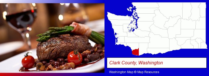 a steak dinner; Clark County, Washington highlighted in red on a map