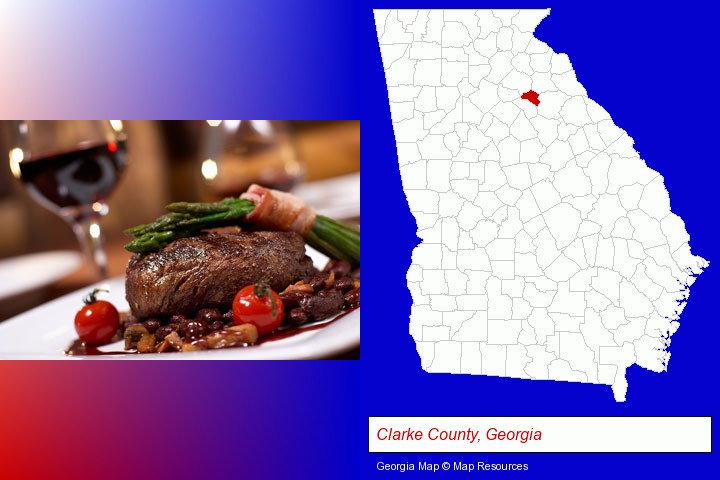 a steak dinner; Clarke County, Georgia highlighted in red on a map