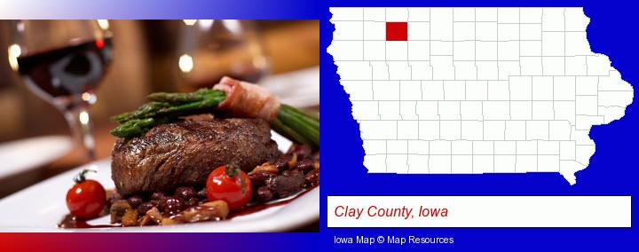 a steak dinner; Clay County, Iowa highlighted in red on a map