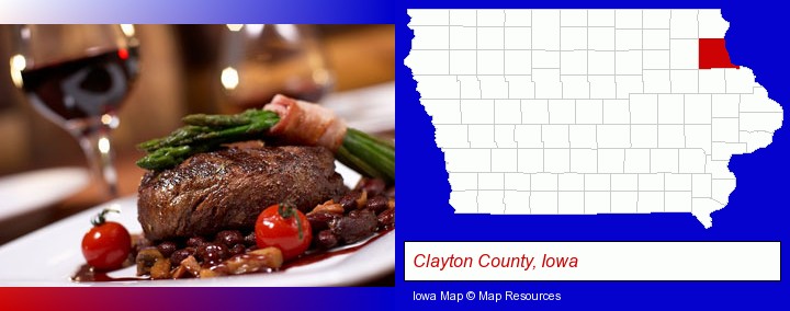 a steak dinner; Clayton County, Iowa highlighted in red on a map