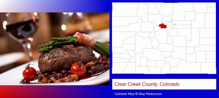 a steak dinner; Clear Creek County, Colorado highlighted in red on a map