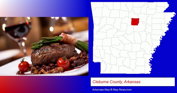 a steak dinner; Cleburne County, Arkansas highlighted in red on a map