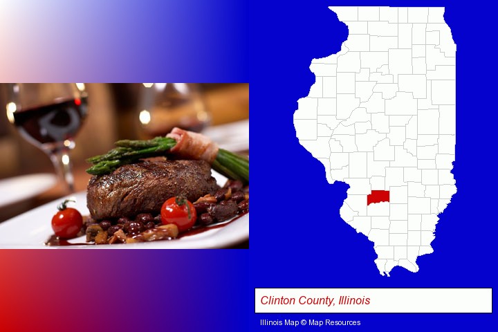a steak dinner; Clinton County, Illinois highlighted in red on a map