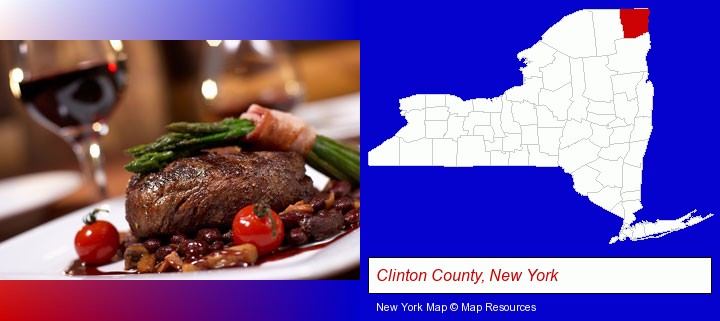 a steak dinner; Clinton County, New York highlighted in red on a map