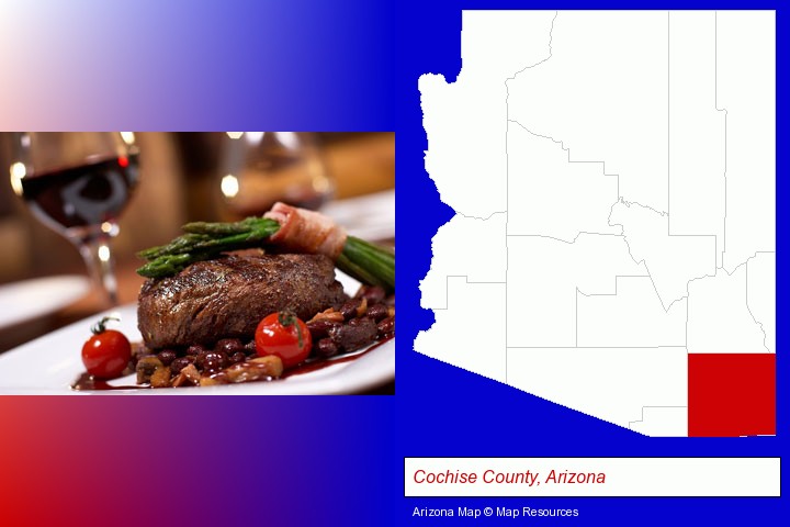a steak dinner; Cochise County, Arizona highlighted in red on a map