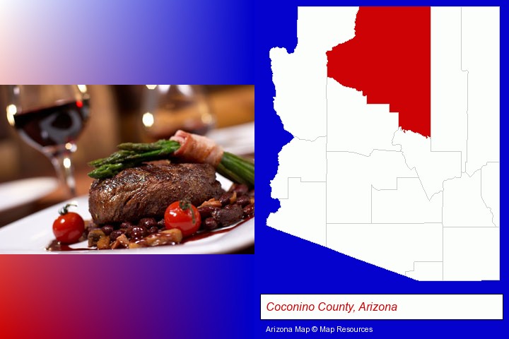 a steak dinner; Coconino County, Arizona highlighted in red on a map