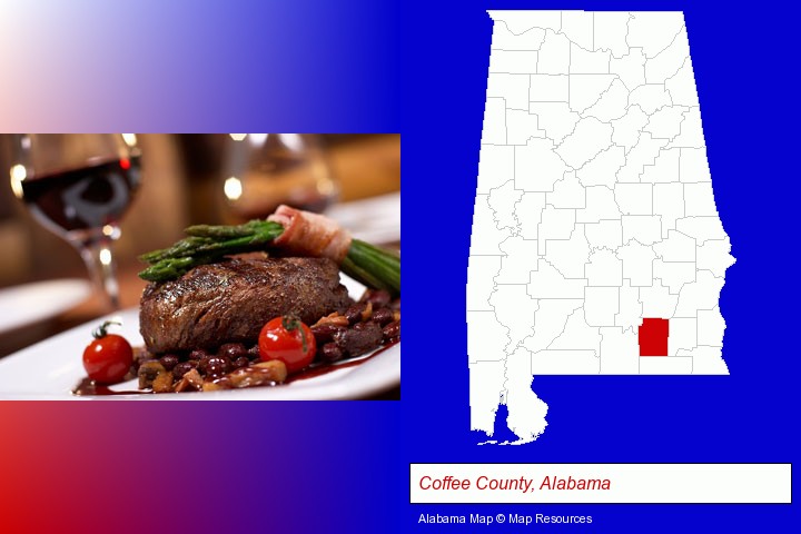 a steak dinner; Coffee County, Alabama highlighted in red on a map