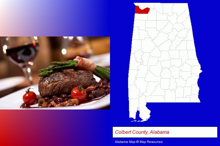 a steak dinner; Colbert County, Alabama highlighted in red on a map