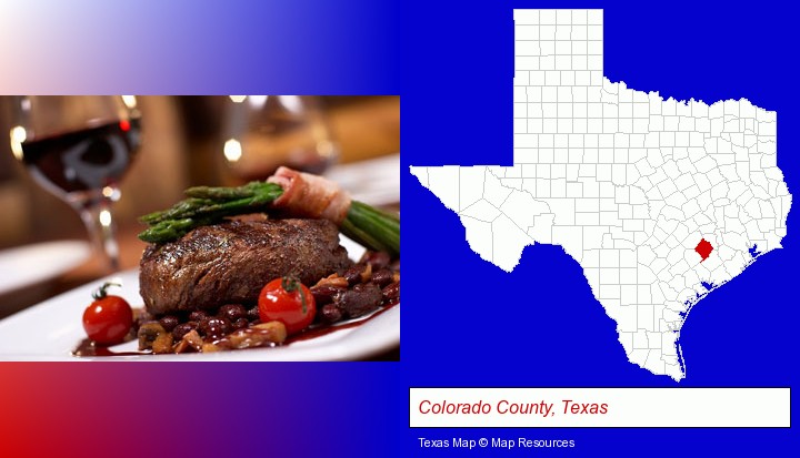 a steak dinner; Colorado County, Texas highlighted in red on a map