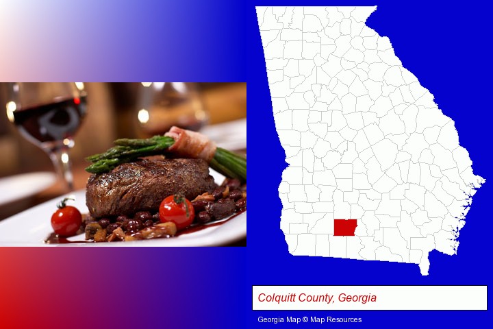 a steak dinner; Colquitt County, Georgia highlighted in red on a map