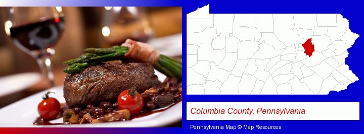 a steak dinner; Columbia County, Pennsylvania highlighted in red on a map