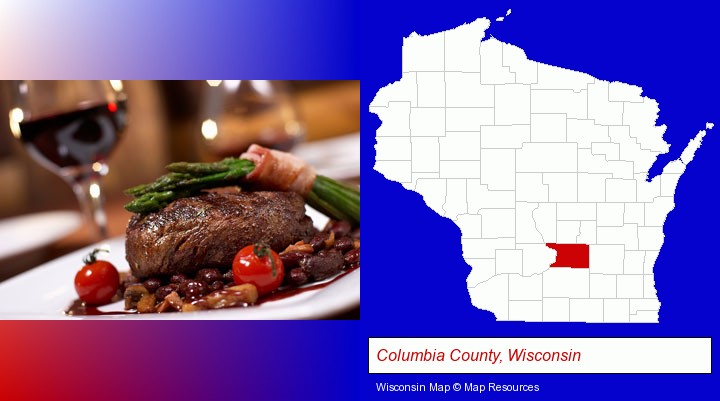 a steak dinner; Columbia County, Wisconsin highlighted in red on a map
