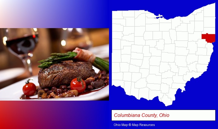 a steak dinner; Columbiana County, Ohio highlighted in red on a map