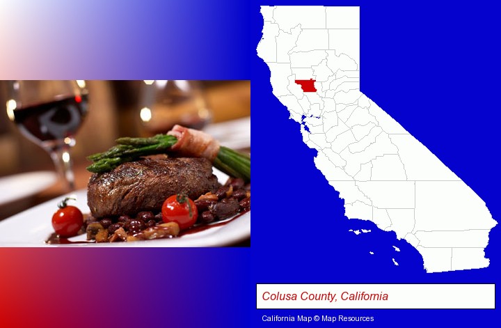 a steak dinner; Colusa County, California highlighted in red on a map