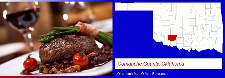 a steak dinner; Comanche County, Oklahoma highlighted in red on a map
