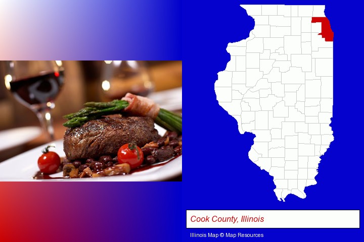 a steak dinner; Cook County, Illinois highlighted in red on a map