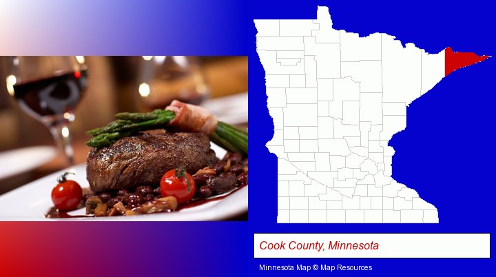 a steak dinner; Cook County, Minnesota highlighted in red on a map
