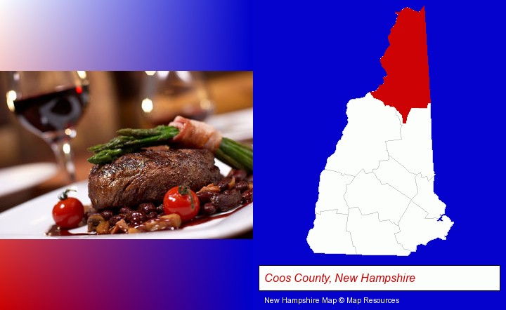 a steak dinner; Coos County, New Hampshire highlighted in red on a map