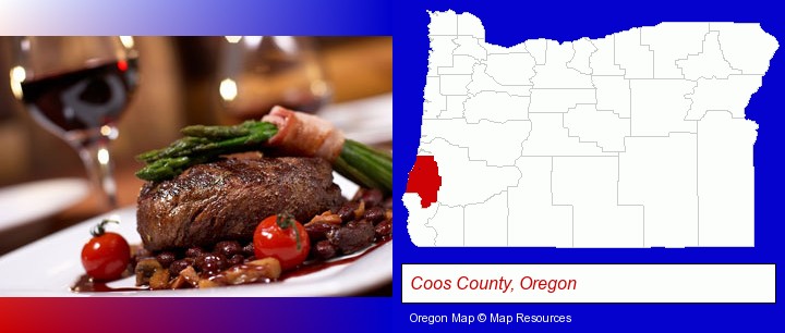 a steak dinner; Coos County, Oregon highlighted in red on a map