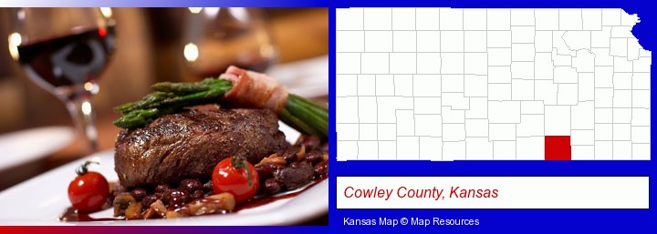 a steak dinner; Cowley County, Kansas highlighted in red on a map