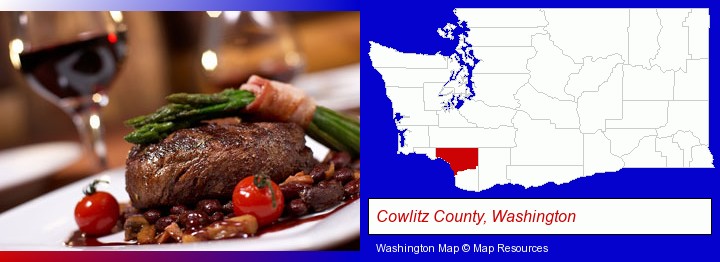 a steak dinner; Cowlitz County, Washington highlighted in red on a map