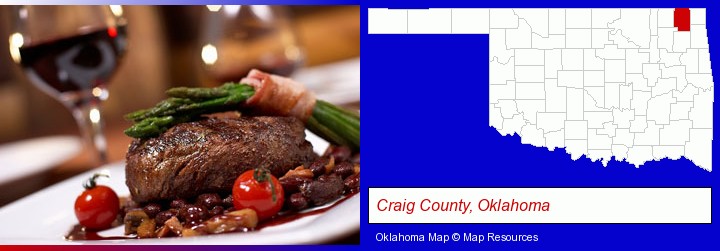 a steak dinner; Craig County, Oklahoma highlighted in red on a map