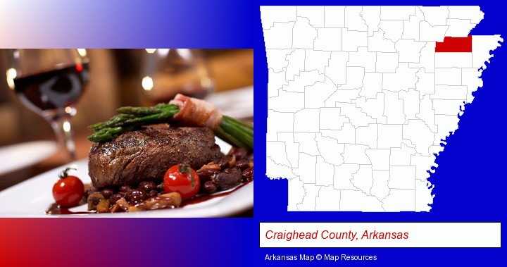 a steak dinner; Craighead County, Arkansas highlighted in red on a map