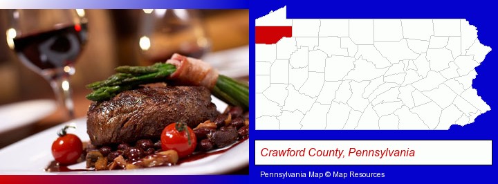 a steak dinner; Crawford County, Pennsylvania highlighted in red on a map