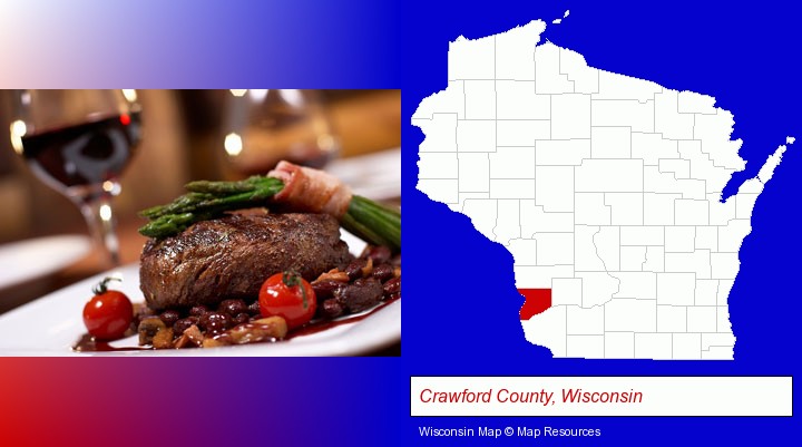 a steak dinner; Crawford County, Wisconsin highlighted in red on a map