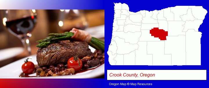a steak dinner; Crook County, Oregon highlighted in red on a map