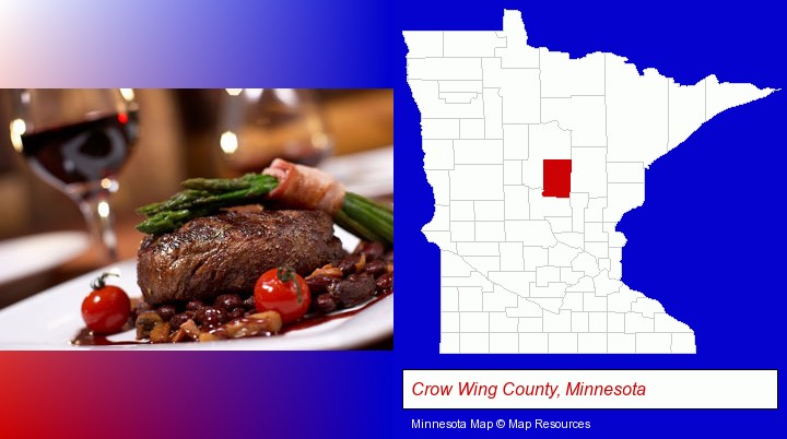 a steak dinner; Crow Wing County, Minnesota highlighted in red on a map