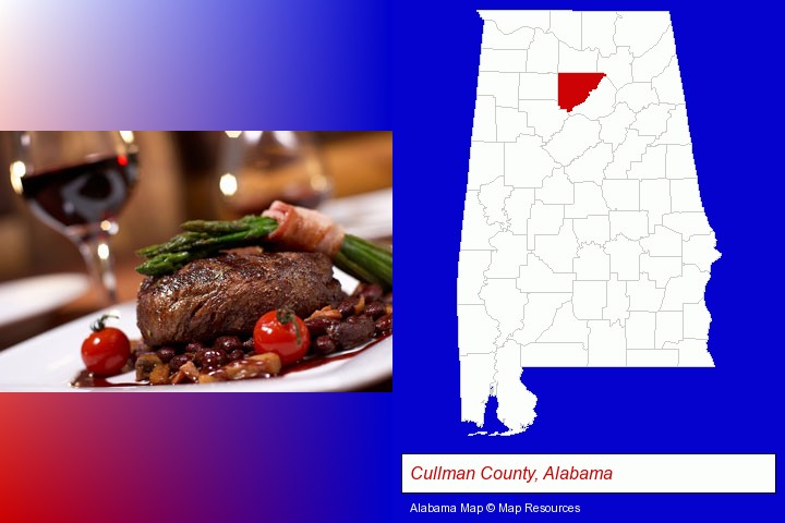 a steak dinner; Cullman County, Alabama highlighted in red on a map
