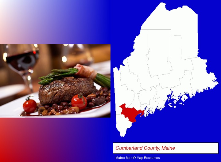 a steak dinner; Cumberland County, Maine highlighted in red on a map