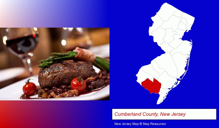 a steak dinner; Cumberland County, New Jersey highlighted in red on a map