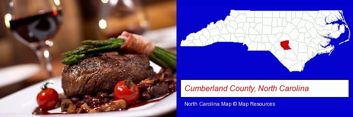 a steak dinner; Cumberland County, North Carolina highlighted in red on a map