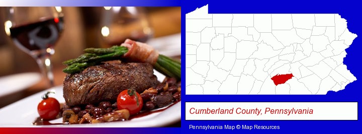 a steak dinner; Cumberland County, Pennsylvania highlighted in red on a map