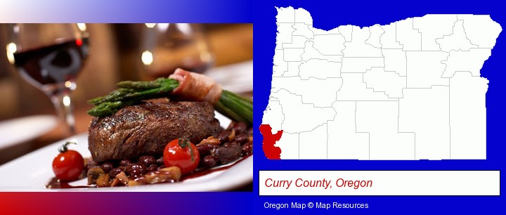 a steak dinner; Curry County, Oregon highlighted in red on a map