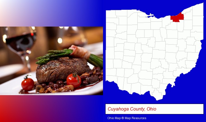 a steak dinner; Cuyahoga County, Ohio highlighted in red on a map