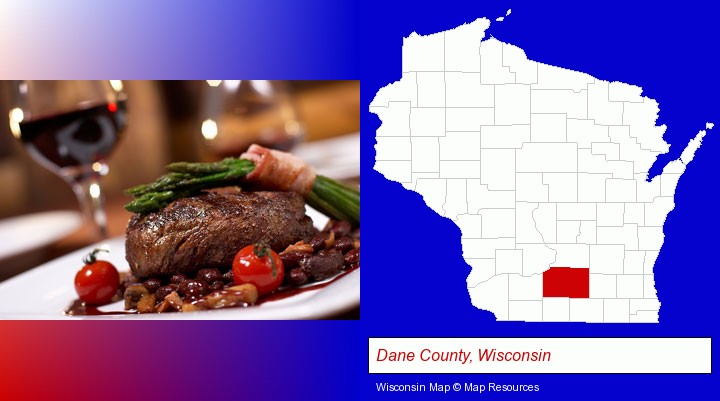 a steak dinner; Dane County, Wisconsin highlighted in red on a map
