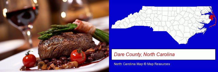 a steak dinner; Dare County, North Carolina highlighted in red on a map